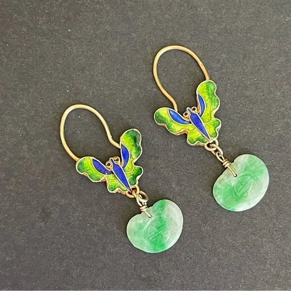 Antique Chinese export gilt silver carved jade & enamel butterfly earrings.